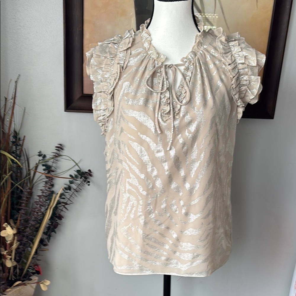 White House Black Market Beige Animal Print Blouse Size M